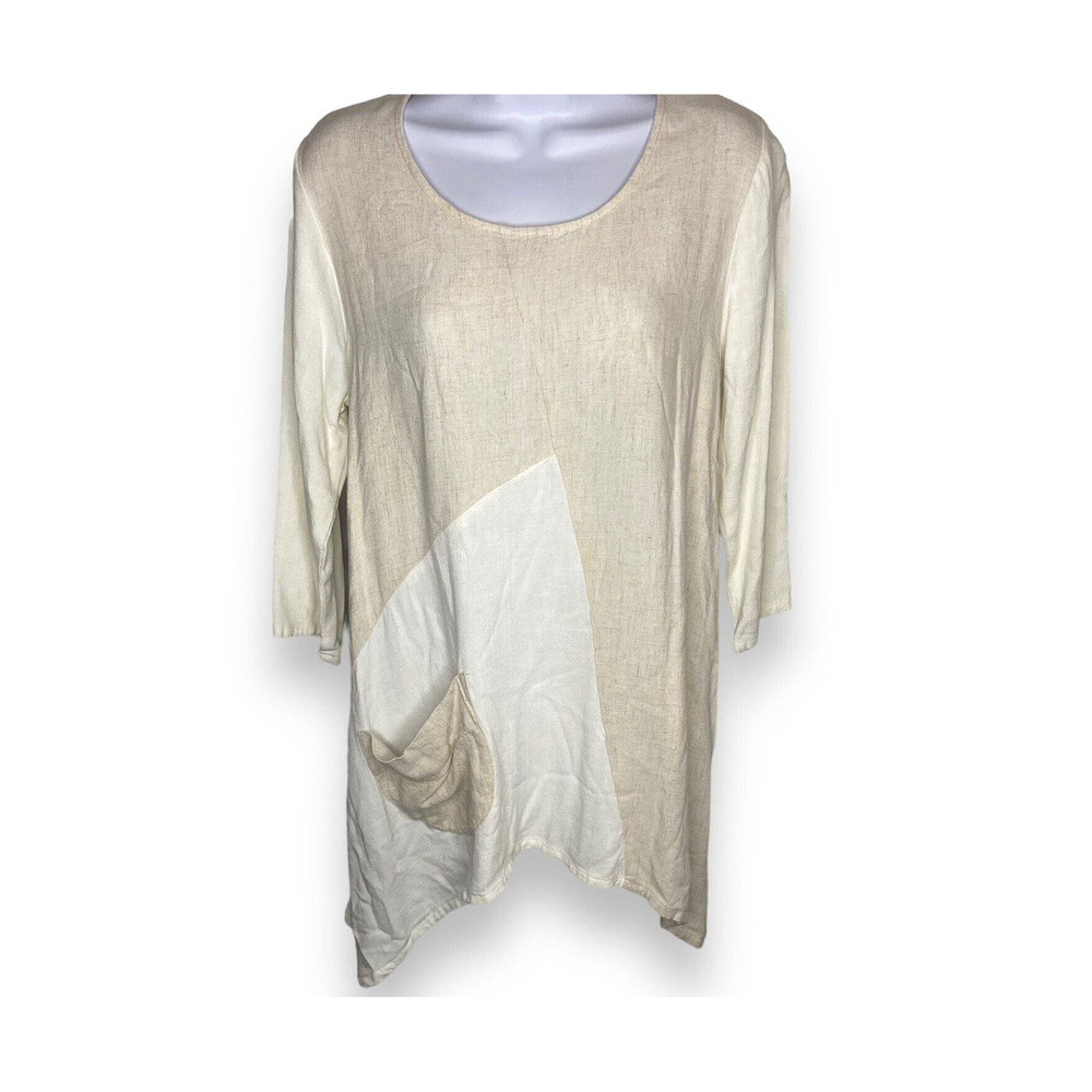 Et' Lois USA Women's Small Linen Blend Tunic Top Ivory Tan Colorblock Pocket New